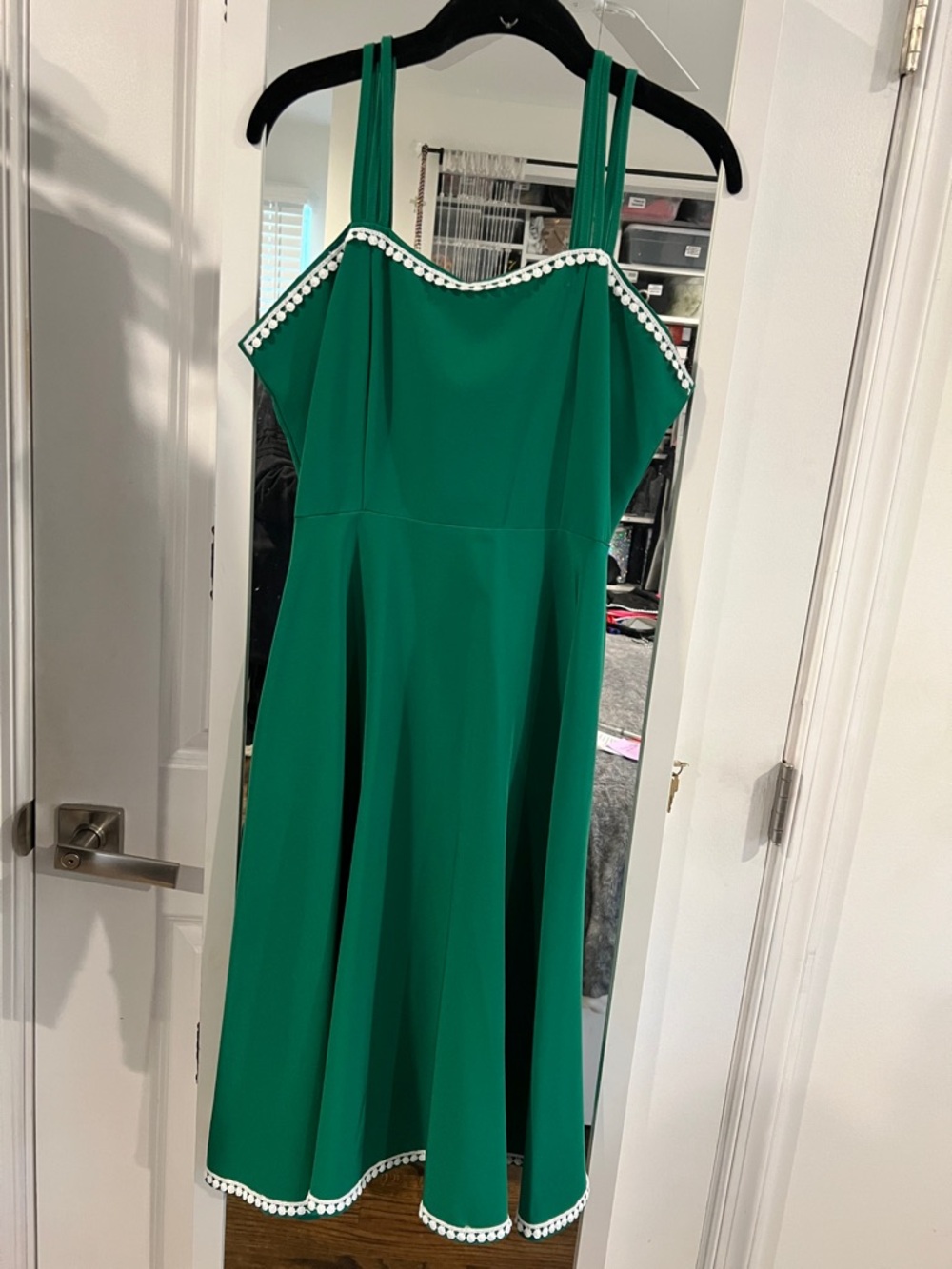 Green Cami Spaghetti Strap 50’s Style Midi Dress with Decorative Trim